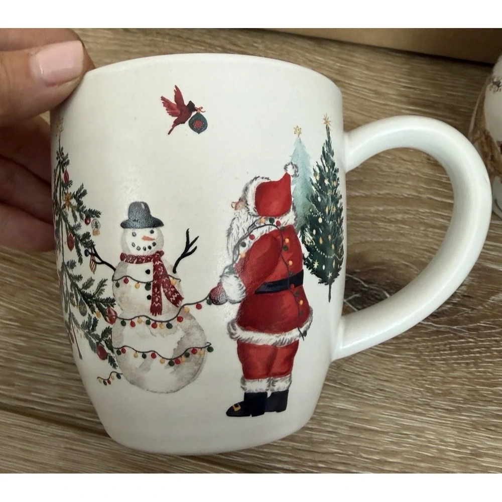 Pottery Barn Christmas in the Country Mugs Set of 4 Santa Holiday Stoneware